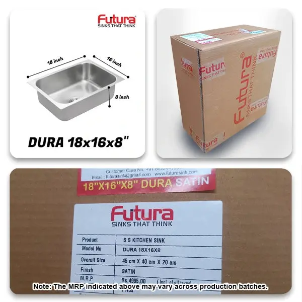 Futura Dura single Bowl Square Series Stainless Steel Sink