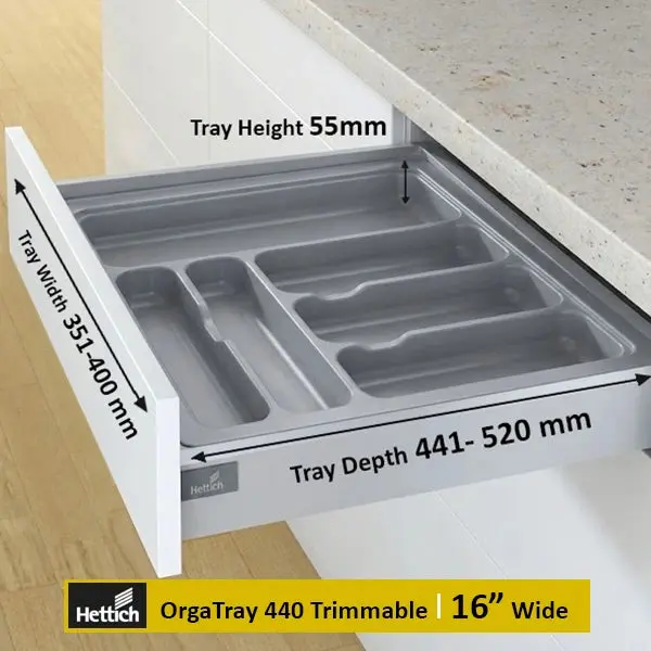 Hettich OrgaTray 440 Trimmable (Fixed Partition) Cutlery Insert, Silver