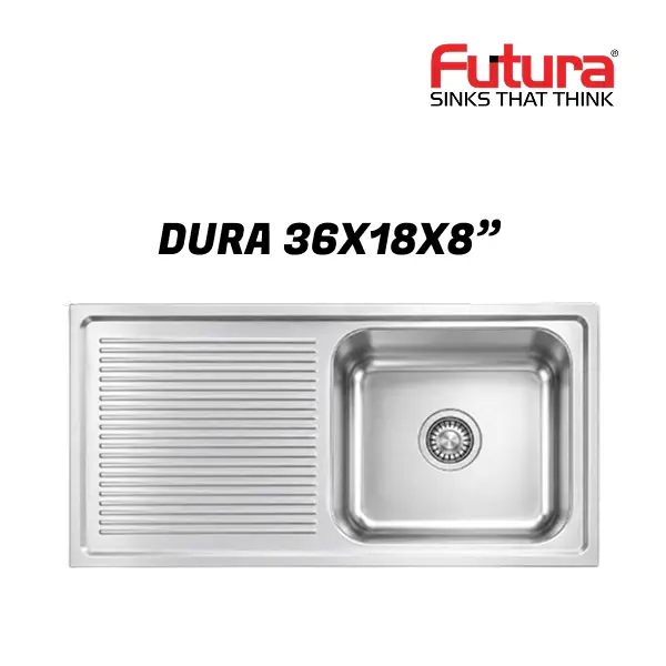 Futura Dura Single Bowl with Drainboard Sink, Stainless Steel, 36" X 18" X 8"