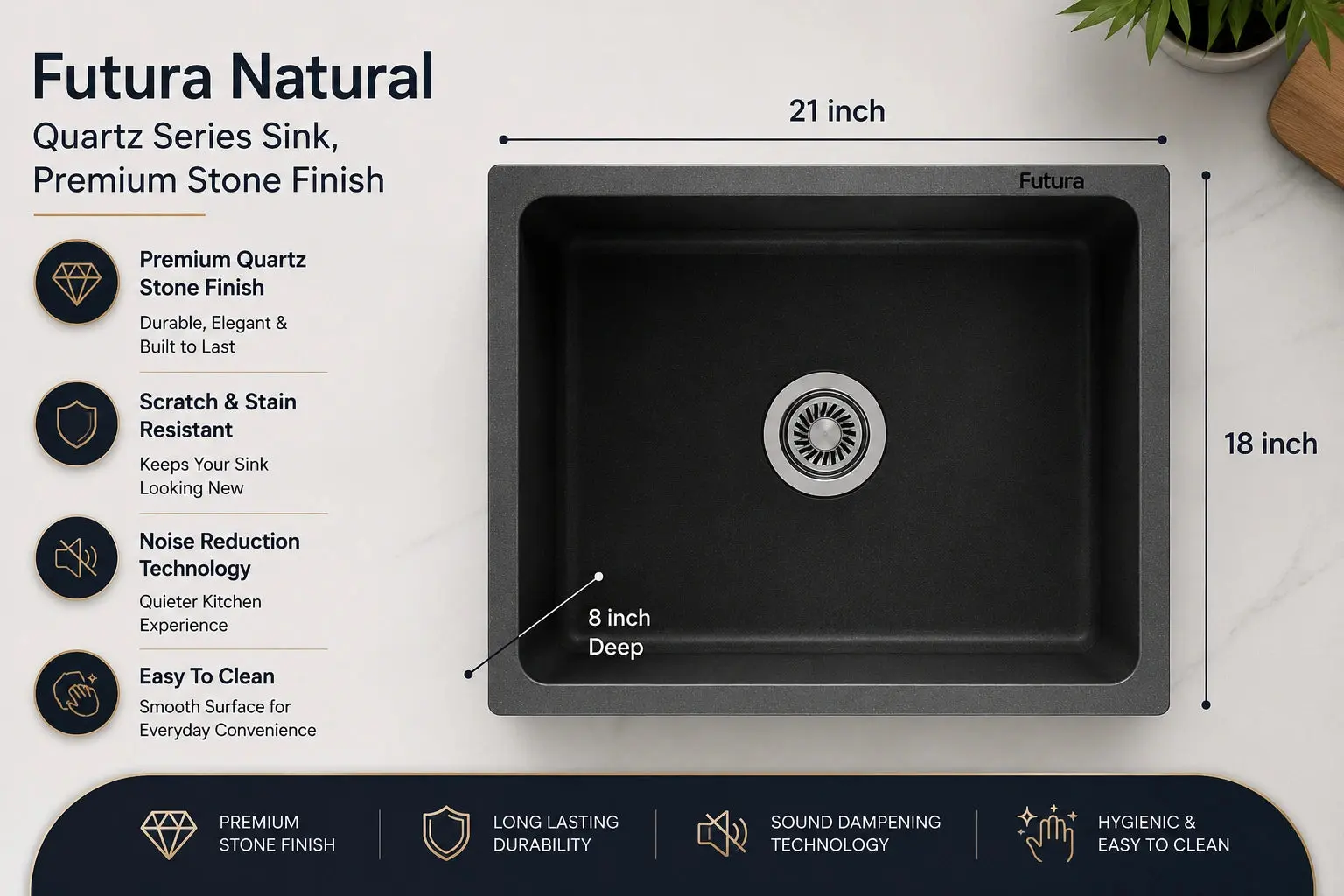 Futura Natural Quartz Series Sink, Premium Stone Finish