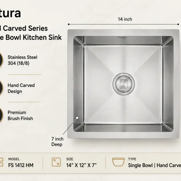 Futura Hand Carved Series Single Bowl, Stainless Steel