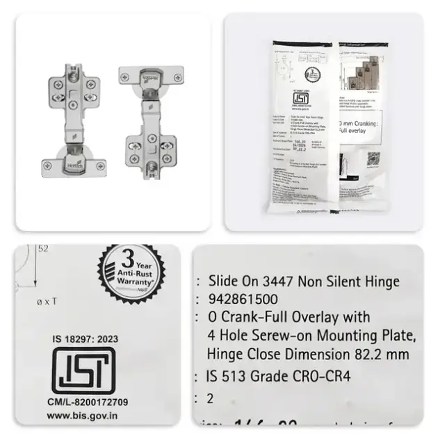 Hettich Slide On 3447 Non-Silent Hinge, Regular Close