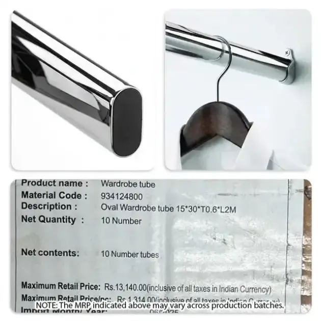 Hettich Wardrobe Oval Cabinet Rail, 2 m Length, Chrome Gloss, 9341248