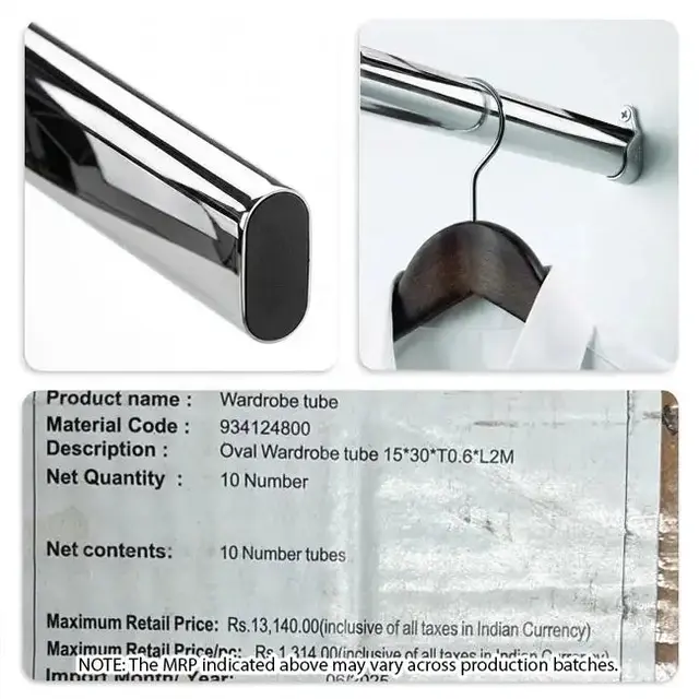 Hettich Wardrobe Oval Cabinet Rail, 2 m Length, Chrome Gloss, 9341248